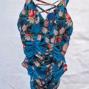 Floral Ruched Blue Swimsuit